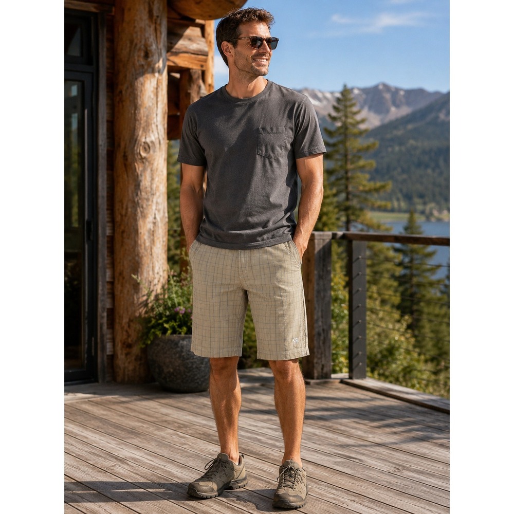 Mountain Hardwear Plaid Grid 13.5" Long Inseam Chino Shorts Beige Men's Size 36 - Picture 14 of 15